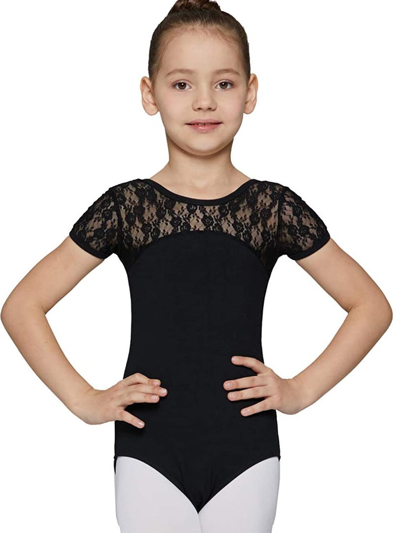 MdnMd Black Gymnastic Ballet Dance Lace Leotard for Girls Kids Children (Black, Age 8-10) - Image 1